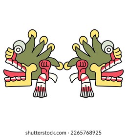 Symmetrical ethnic design with two Aztec skulls with open mouths and tongues stick out. Native American symbol from Mexican codex. Isolated vector illustration. Día de Muertos.