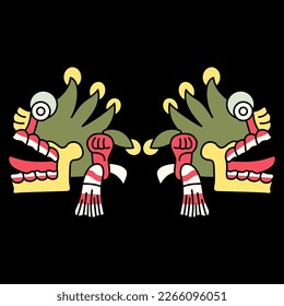 Symmetrical ethnic design with two Aztec skulls with open mouths and tongues stick out. Native American symbol from Mexican codex. Día de Muertos. On black background.