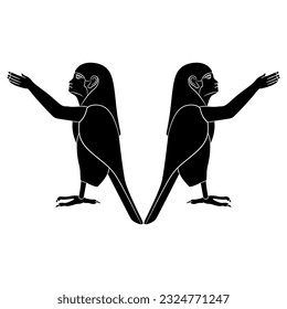 Symmetrical ethnic design with two Ba Birds. Ancient Egyptian sacred symbol of human soul. Black and white silhouette.