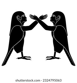 Symmetrical ethnic design with two Ba Birds. Ancient Egyptian sacred symbol of human soul. Black and white silhouette.