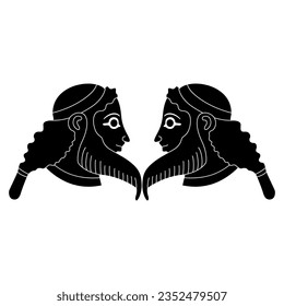 Symmetrical ethnic design with two bearded heads of ancient Greek or Assyrian men. Black and white negative silhouette.
