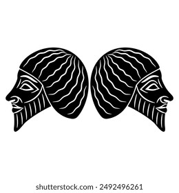 Symmetrical ethnic design with two bearded male heads in profile. Portrait of ancient Sumerian man from Lagash. Ethnic Mesopotamian design. Black and white silhouette.