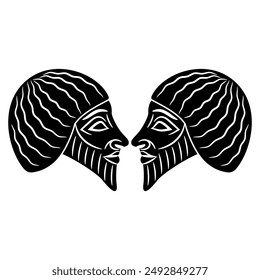 Symmetrical ethnic design with two bearded male heads in profile. Portrait of ancient Sumerian man from Lagash. Ethnic Mesopotamian design. Black and white silhouette.