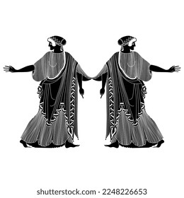 Symmetrical ethnic design with two beautiful ancient Greek women. Vase painting style. Black and white silhouette. Isolated vector illustration.