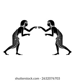Symmetrical ethnic design with two boxing ancient Egyptian men. Black and white silhouette.