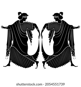 Symmetrical ethnic design with two dancing ancient Greek women. Vase painting style. Black and white negative silhouette.