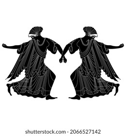 Symmetrical ethnic design with two dancing ancient Greek women in dynamic pose. Vase painting style. Black and white negative silhouette.