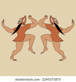 Symmetrical ethnic design with two dancing bearded ancient Etruscan men. 