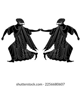 Symmetrical ethnic design with two dancing ancient Greek women holding hands. Vase painting style. Black and white negative silhouette.