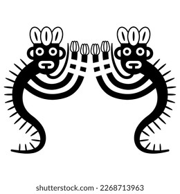 Symmetrical ethnic design with two dancing spirits. Fantastic creature from Nazca pottery. Native American art of ancient Peru. Indigenous Peruvian mythology. Cactus demon. Black and white silhouette.