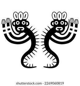 Symmetrical ethnic design with two dancing spirits. Fantastic creature from Nazca pottery. Native American art of ancient Peru. Indigenous Peruvian mythology. Cactus demon. Black and white silhouette.