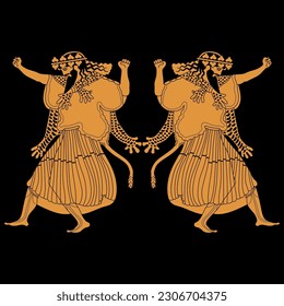 Symmetrical ethnic design with two dancing ancient Greek men. God of wine Dionysus or Bacchus. Vase painting style. On black background.