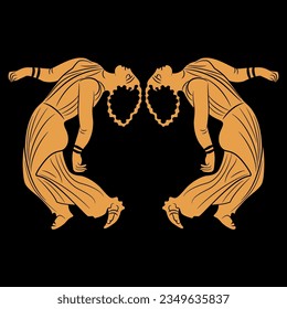 Symmetrical ethnic design with two dancing ancient Greek women bent back. Vase painting style. Black and orange silhouette.