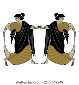 Symmetrical ethnic design with two dancing Ancient Greek women. Vase painting style. Isolated vector illustration.