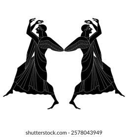 Symmetrical ethnic design with two dancing winged Ancient Greek goddesses. Vase painting style. Black and white silhouette.