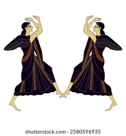 Symmetrical ethnic design with two dancing winged Ancient Greek goddesses. Vase painting style. Isolated vector illustration.