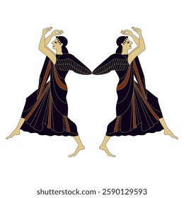 Symmetrical ethnic design with two dancing winged Ancient Greek goddesses. Vase painting style. Isolated vector illustration.