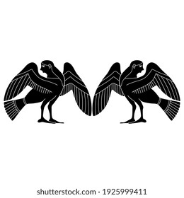 Symmetrical ethnic design with two fantastic lady birds. Ancient Greek siren or harpy. Black and white silhouette.