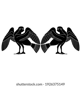 Symmetrical ethnic design with two fantastic lady birds. Ancient Greek siren or harpy. Black and white silhouette.