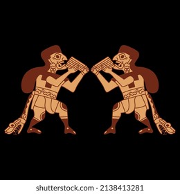 Symmetrical ethnic design with two fantastic fanged men with snake girdle playing flute. Native American indigenous pre Columbian art of ancient Peru. Mochica or Moche Indians. On black background.