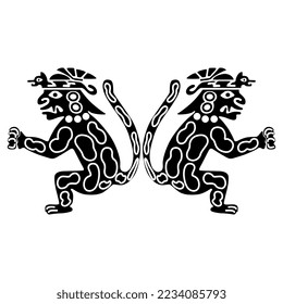 Symmetrical ethnic design with two fantastic jaguar men. Native American art of Mochica Indians from ancient Peru. Black and white silhouette.