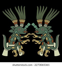 Symmetrical ethnic design with two fantastic animals. Native American art of Aztec Indians from Mexican codex. On black background.