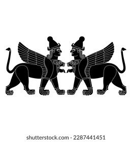 Symmetrical ethnic design with two fantastic sphynxes. Winged lions with human heads. Ancient Syrian design from Karkemish. Mesopotamian mythology. Black and white silhouette.