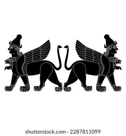 Symmetrical ethnic design with two fantastic sphynxes. Winged lions with human heads. Ancient Syrian design from Karkemish. Mesopotamian mythology. Black and white silhouette.