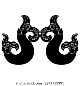 Symmetrical ethnic design with two fantastic double headed creatures. Nomadic Scythian Iron Age Pazyryk culture. Black and white negative silhouette.