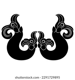 Symmetrical ethnic design with two fantastic double headed creatures. Nomadic Scythian Iron Age Pazyryk culture. Black and white negative silhouette.