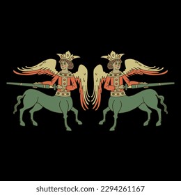 Symmetrical ethnic design with two fantastic warrior centaurs. Russian medieval folk design. On black background.