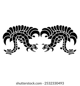 Symmetrical ethnic design with two fantastic dragons. Feathered serpents. Native American motif of Mayan Indians. Black and white silhouette.