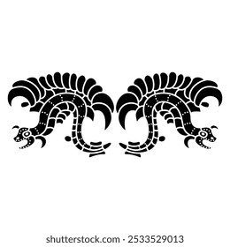 Symmetrical ethnic design with two fantastic dragons. Feathered serpents. Native American motif of Mayan Indians. Black and white silhouette.