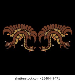 Symmetrical ethnic design with two fantastic dragons. Feathered serpents. Native American motif of Mayan Indians. On black background.