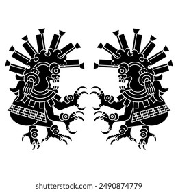 Diseño étnico simétrico con dos monstruos luchadores del códice azteca o mixteca. Mitología nativa americana. Silueta en blanco y negro.