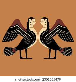 Diseño étnico simétrico con dos sirenas o harpies divertidos. Aves con mujeres cabeza. Estilo de un antiguo jarrón griego.