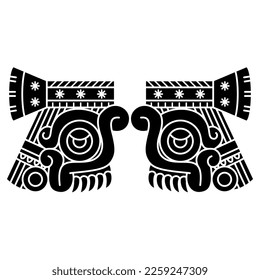 Symmetrical ethnic design with two heads of Aztec god of rain Tlaloc. Native American design from Mexican codex. Black and white silhouette.