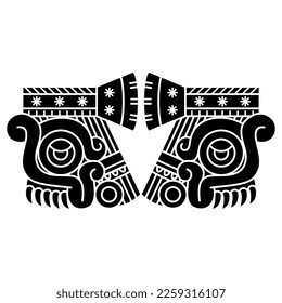 Symmetrical ethnic design with two heads of Aztec god of rain Tlaloc. Native American design from Mexican codex. Black and white silhouette.