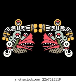 Symmetrical ethnic design with two heads of Aztec god of wind Ehecatl. Mexican codex design. Native American mythology. On black background.