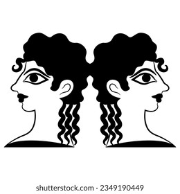 Symmetrical ethnic design with two heads of Cretan Minoan girls. Female portrait in profile. Pretty women or goddesses. La Parisienne fresco from Knossos. Black and white silhouette.