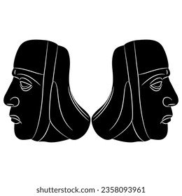 Symmetrical ethnic design with two heads of ancient Peruvian man in profile. Moche portrait. Mochica pottery. Black and white negative silhouette.