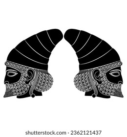 Symmetrical ethnic design with two heads in profile of ancient Persian men from Persepolis. Male portrait of a bearded Achaemenid hero from Iran. Black and white silhouette.
