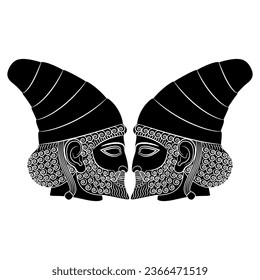Symmetrical ethnic design with two heads in profile of ancient Persian men from Persepolis. Male portrait of a bearded Achaemenid hero from Iran. Black and white silhouette.