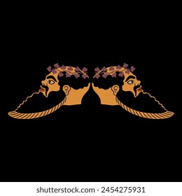 Symmetrical ethnic design with two heads in profile of a bearded ancient Greek Satyr wearing ivy wreath. Vase painting style.