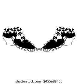 Symmetrical ethnic design with two heads in profile of a bearded ancient Greek Satyr wearing ivy wreath. Vase painting style. Black and white silhouette.