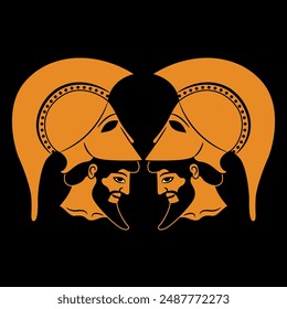 Symmetrical ethnic design with two heads o bearded Greek warriors wearing helmets. Vase painting style. Dioscuri twin heroes.