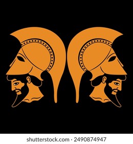 Symmetrical ethnic design with two heads of bearded Greek warriors wearing helmets. Vase painting style. Dioscuri twin heroes.