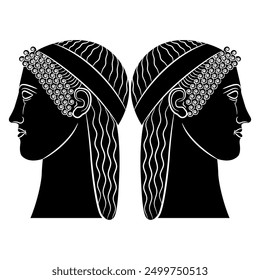 Symmetrical ethnic design with two heads in profile of Ancient Greek women or goddesses. Demeter and Persephone. Black and white silhouette.