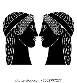 Symmetrical ethnic design with two heads in profile of Ancient Greek women or goddesses. Black and white silhouette.