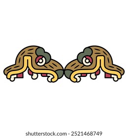 Design étnico simétrico com duas cabeças de animal fantástico com mandíbula aberta. Desenho étnico dos índios astecas do códice mexicano. Ilustração isolada de vetor.